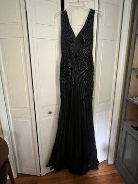 Tony Bowls jet bugle bead black gown, sz sm, small train